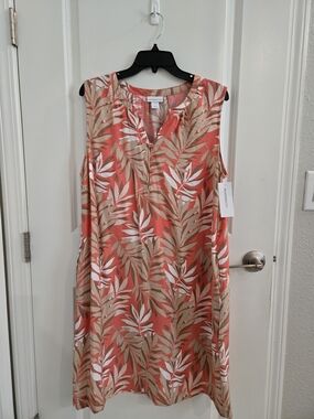 Liz Claiborne Coral, Tan & White Tropical Leaf Sleeveless Dress Size L